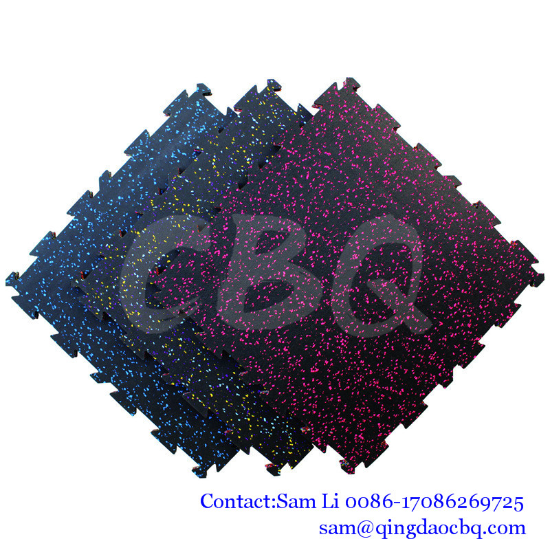 CBQ-IK03, Interlocking gym rubber flooring good anti-slips shockproof and sound reduce colorful EPDM flecks rubber tiles